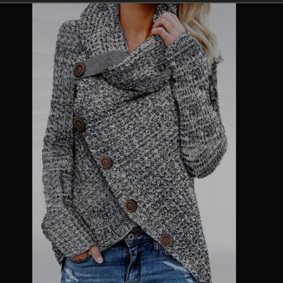 zoe_51 Sweaters - Heather Gray Buttoned Wrap Turtleneck Sweater